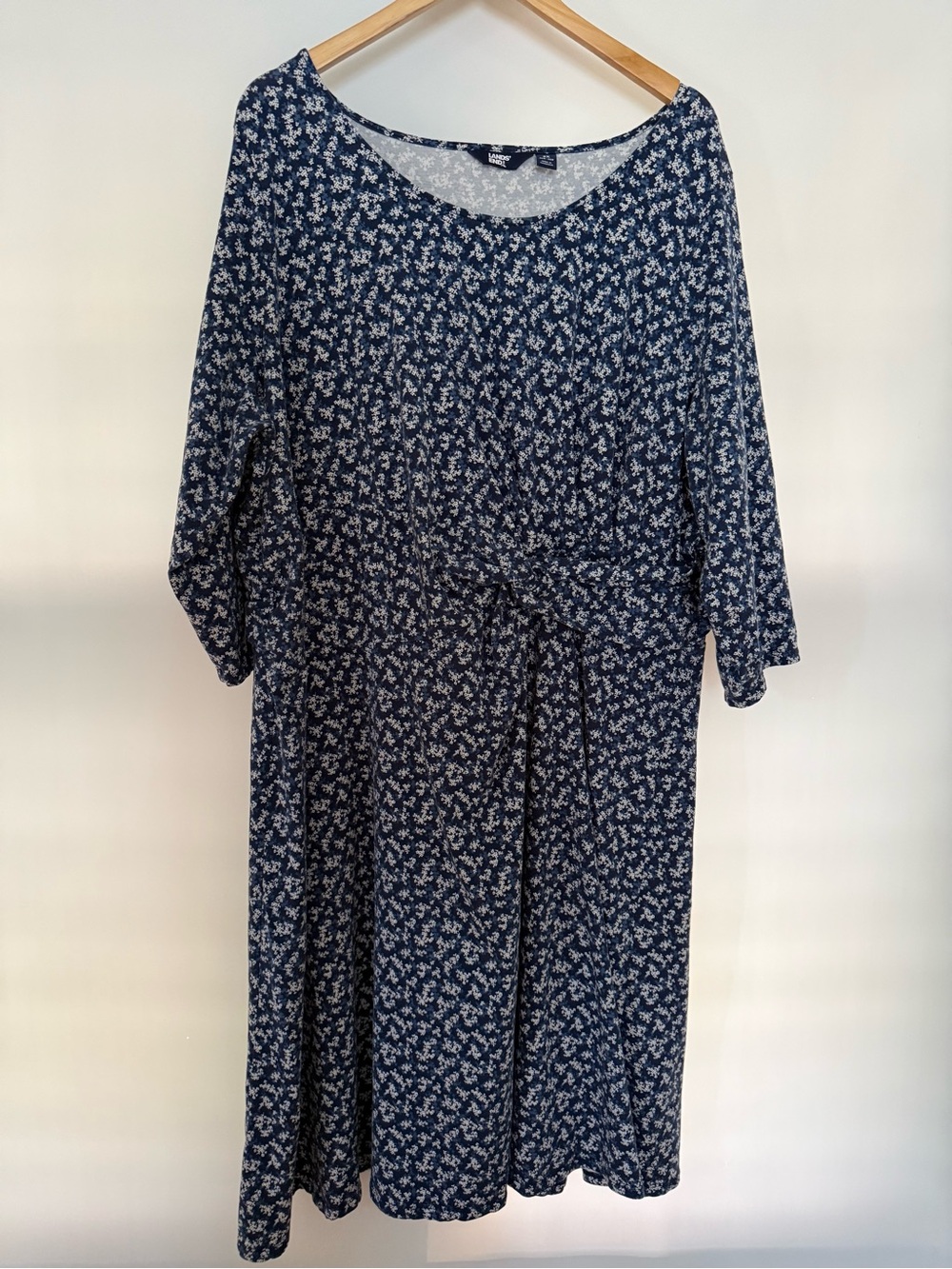 Lands’ End Jersey Blue Floral 3/4 Sleeve Crew Neck Midi Dress, size 3X